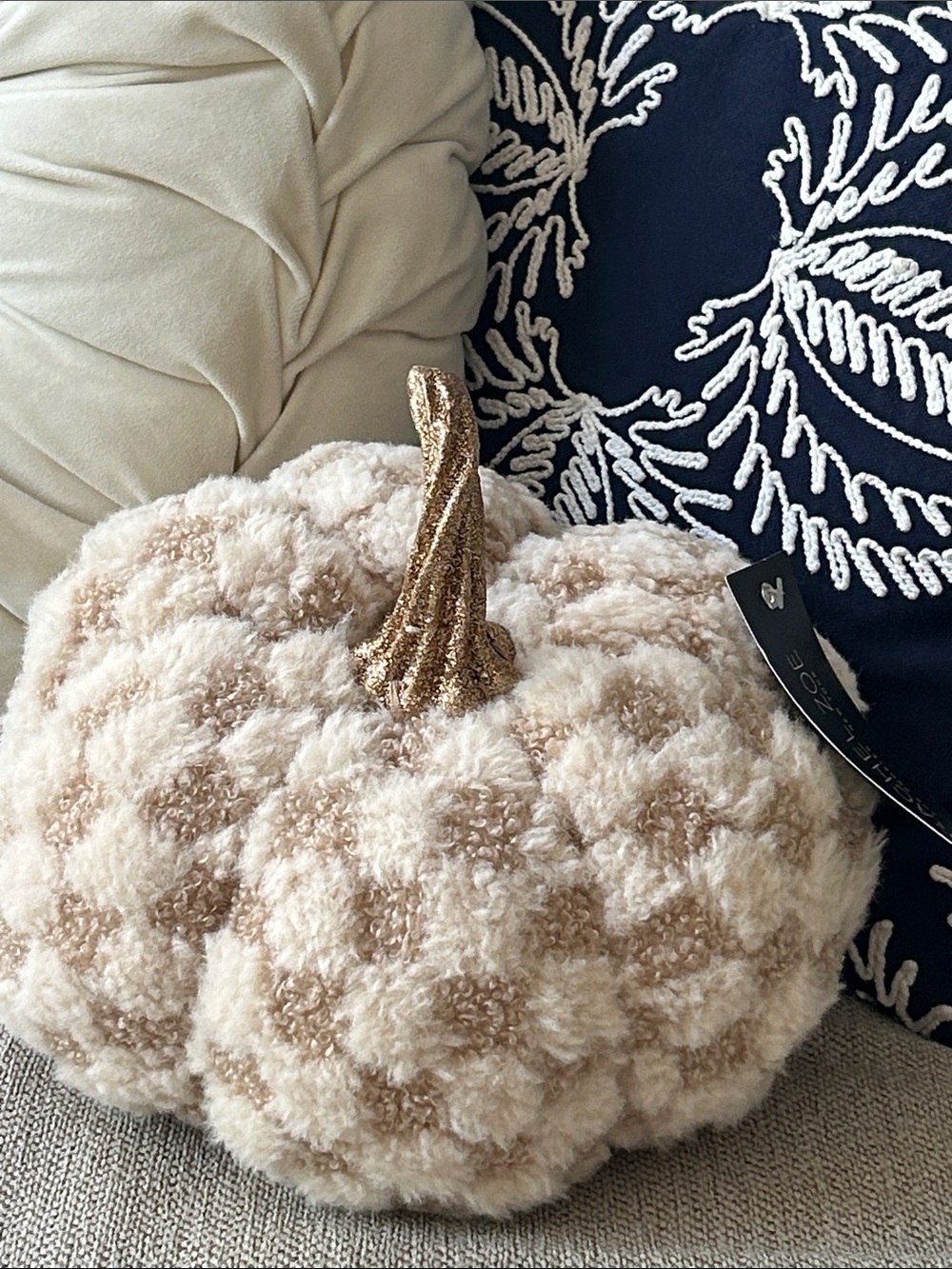 NWT! Fall Harvest Plush Pumpkin Pillow Beige & Creamy White Checkered Gold Stem